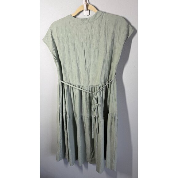 Calvin Klein Womens Textured Tiered Dress Size 2 Sage Green Split Neckline Tie - Picture 3 of 14
